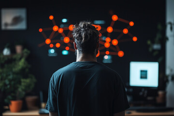 A person standing helplessly in front of a vast digital network, representing humanity’s struggle to control the ever-growing power of AI.