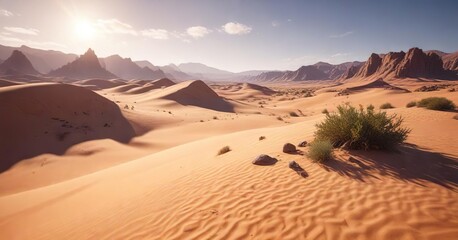 Dry desert landscape with sandy dunes and rocky outcrops, arid land, sandy hills