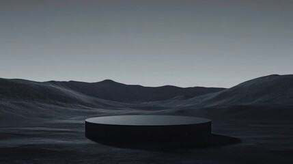 A dark podium in the center of an abstract black desert landscape, with a minimalist. Minimalist. Illustration