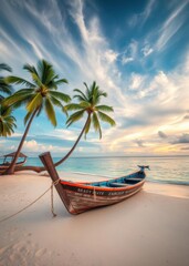  Beautiful beach with palm trees and moored fishing boat beach wallpaper summer wallpaper beach background tropical nature