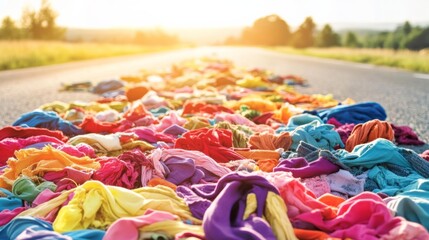 Fototapeta premium Colorful Fabric Waste Spreading on Rural Road