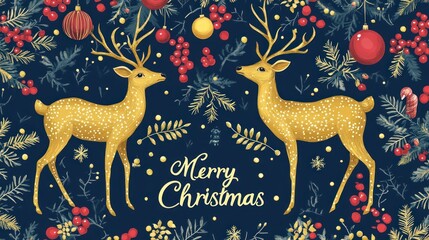 Merry Christmas Golden Reindeer Festive Holiday Card