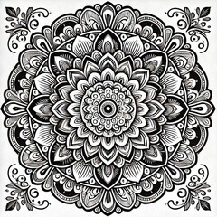 Intricate Black and White Floral Mandala Design | Symmetrical Mehndi-Inspired Art | Detailed Geometric Patterns for Coloring Books and Tattoos
