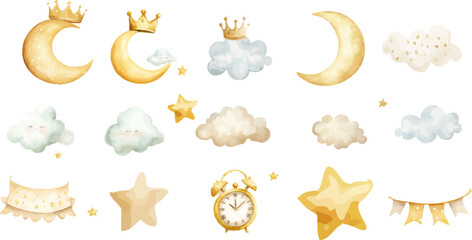 watercolor cute gold and beige ribbon Clock with hand pointing to the left Crescent moon, heart shape, clouds, crown on alarm clock Clip art isolated on white background.
