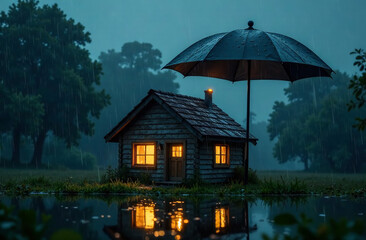 Obraz premium Cozy Haven: A Small House Under the Umbrella in the Rain Warmth in the Storm: A Safe Retreat Amidst the Downpour
