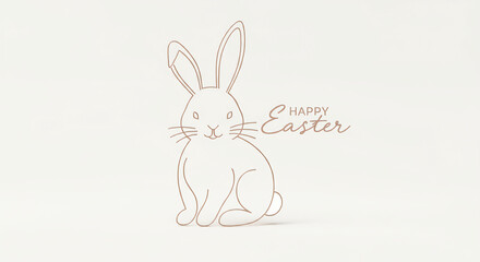 Obraz premium A simple white background with a single outline of a bunny and “Happy Easter” in elegant script.