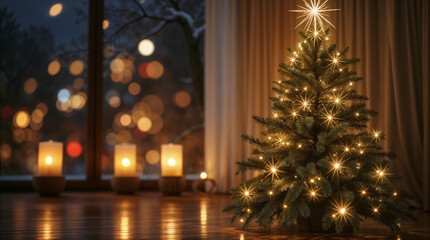 Cozy Christmas Tree Silhouette with Glowing Candles Near Window Holiday Illustration Background