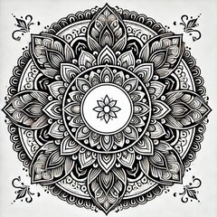 Intricate Black and White Floral Mandala Design | Symmetrical Mehndi-Inspired Art | Detailed Geometric Patterns for Coloring Books and Tattoos
