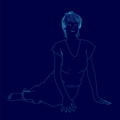 Woman is sitting on the ground with her hands on her knees. She is smiling and she is relaxed