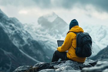 Hiker with backpack sitting on a rock and using laptop in the Himalayas. Generative AI
