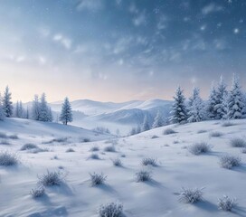 Gentle snowfall through an abstract blue and white gradient background with small symmetrical snowflakes in a serene winter landscape , calm atmosphere, winter wonderland