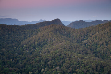 Sunset at Wollumbin National Park. View to Springbrook Nationalpark, Mt. Cougal and Mt. Warning.