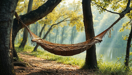 Hammock Serenity in the Forest: A peaceful hammock hangs between two sturdy trees, bathed in the warm glow of morning sunlight.