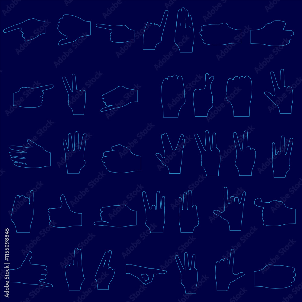 Poster blue background with a series of hand drawings. the hand drawings vary in size and position, with so