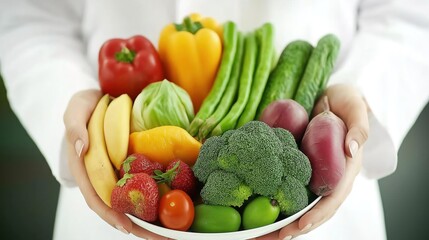 Nutritionist carefully examining a variety of fresh fruits and vegetables, emphasizing the importance of a balanced diet and healthy eating habits.