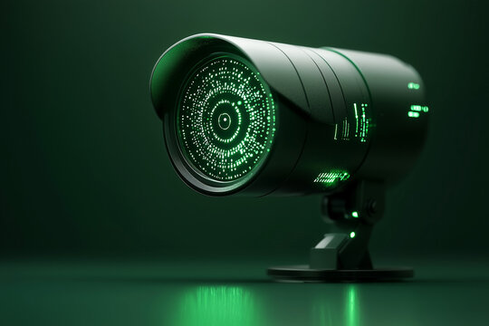A surveillance camera scanning binary codes, emphasizing AI's role in privacy monitoring and the ethical dilemmas it creates.