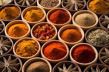 Assortment of Spices and Seeds in Wooden Bowls.
