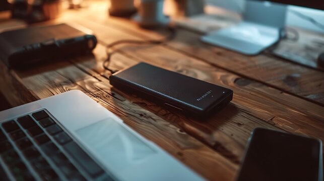 Smart phone with power bank on a wooden table in the office