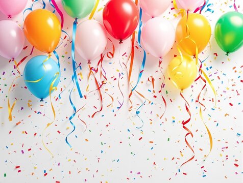 Vibrant balloons and streamers with confetti – great for celebration announcements, festive sale promotions, and party decor designs.