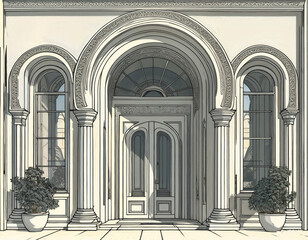 Fototapeta premium Grand Entrance: Architectural marvel. Neoclassical style double door entrance with intricate carvings, arched windows, and classical columns. Luxurious design.