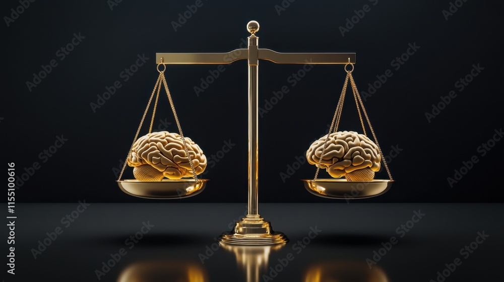 Poster a modern gold scale holds human and ai brain models, representing the evolving synergy between intel