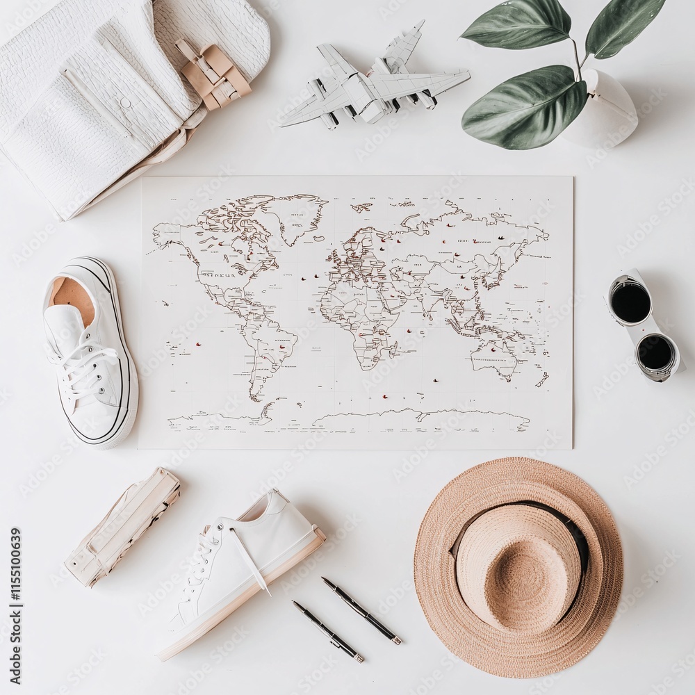 Aufkleber a minimalist world map with pushpins marking bucket list destinations on a desk surrounded by travel