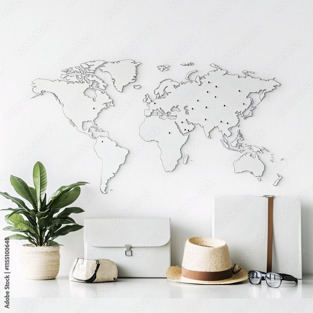 Poster a minimalist world map with pushpins marking bucket list destinations on a desk surrounded by travel