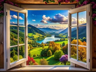Scenic window view, empty space, artistic landscape photography.