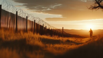 Sunset Silhouette of Prohibited Wire Barrier at State Border, A Stark Line Against Illegal Immigration