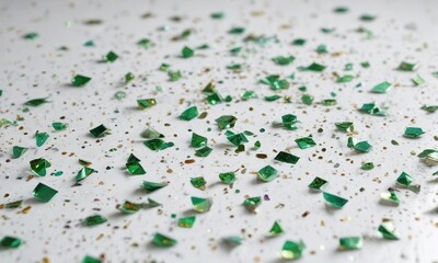 Iridescent glittering confetti in vibrant bright green scattered on a pristine white surface, isolated confetti, event decoration