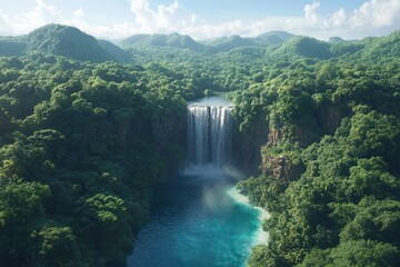 Waterfall cascades into a serene pool surrounded by lush greenery in a tropical landscape