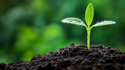 Fototapeta premium As you sow, So You reap Concept, Fresh Plant Sprouting from Soil with Dew Drops Glistening Under Morning Light in Nature's Background