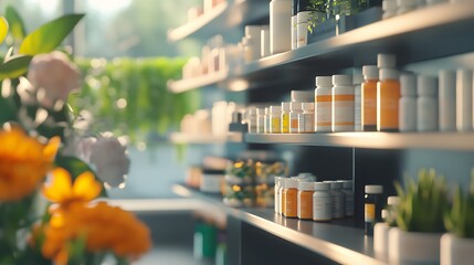 Fototapeta premium A row of medicine bottles on a shelf in a pharmacy