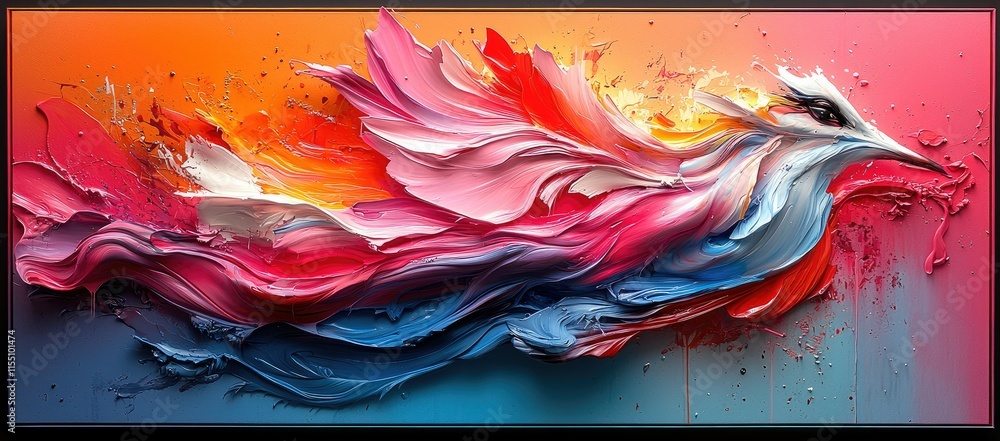 Poster a vibrant, abstract depiction of a bird in motion, showcasing fluid colors and dynamic shapes.