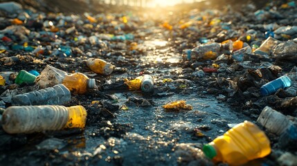 Obraz premium Plastic debris litters the bank of a river, reflecting light at sunset