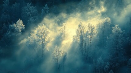 Fototapeta premium Ethereal mist envelops frost-covered trees.