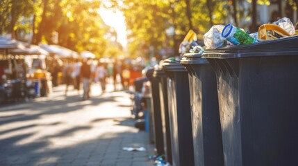 Fototapeta premium Overflowing Trash Bins at Farmer's Market Scene