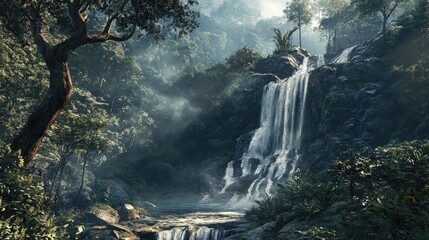 Obraz premium Serene Waterfall Cascading Through Lush Tropical Forest