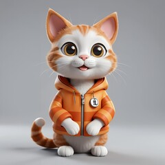 3D Cartoon Orange Cat in Hoodie Sitting on Gray Background
