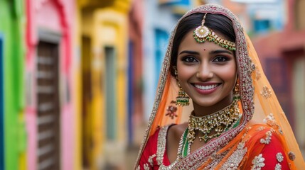 Obraz premium A portrait of a cheerful Indian bride adorned with intricate jewelry, standing against a vivid, traditional village backdrop