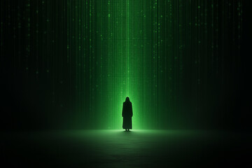 Obraz premium Minimalist image of a human shadow trapped inside a digital matrix, symbolizing ethical questions about control and freedom in AI.