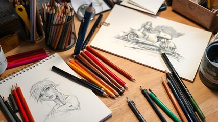 Various paints for painting on the table. Generative AI