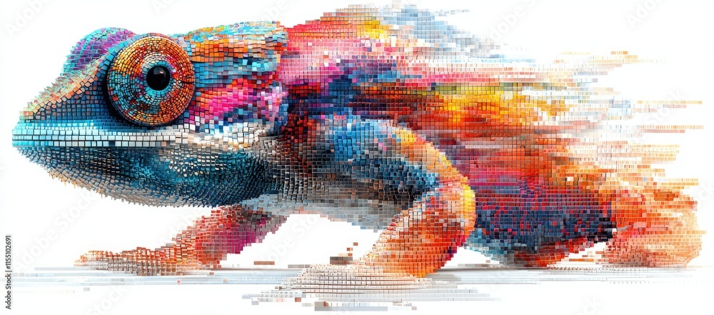 Poster a vibrant, abstract representation of a chameleon in motion, showcasing color and dynamism.