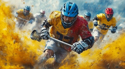 Athletic players in colorful uniforms rush forward amid colorful dust clouds