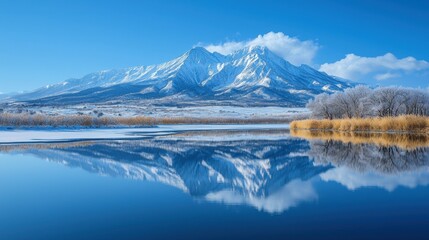 Naklejka premium Snowy mountain reflecting in calm blue lake.