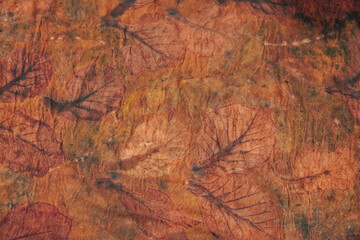 Close up of an eco print patterned fabric or clothes using leaf with brown color.