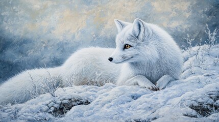 Obraz premium A serene Arctic fox gazing intently, its snow-white fur camouflaging into the icy tundra, creating a harmonious winter portrait.