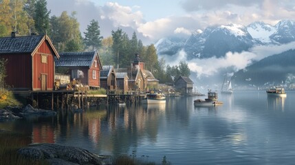 Fototapeta premium A serene Nordic fishing village with charming cabins and still waters, framed by misty fjords and soft morning light.