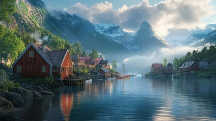 Fototapeta premium A serene Nordic fishing village with charming cabins and still waters, framed by misty fjords and soft morning light.