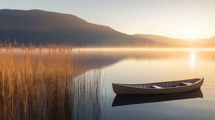 Serene Sunrise Over Mountain Lake With Rowboat